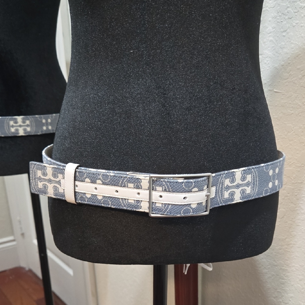 Tory Burch Denim and White Patterned Belt